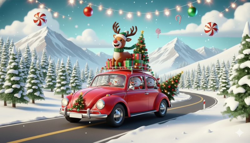 Christmas road trip adventure with festive characters